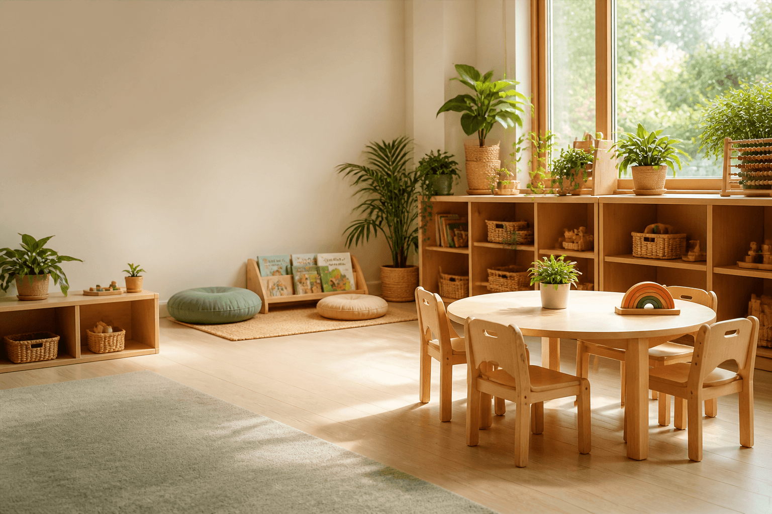 A warm early-learning classroom with natural wood furniture, books, plants, and soft sunlight
